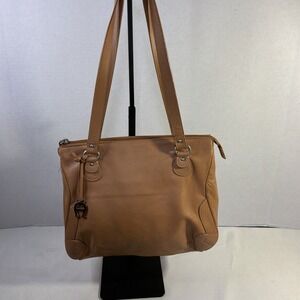 Etienne Aigner Warm Brown Leather Tote Shoulder Bag with Logo Bag Charm EUC